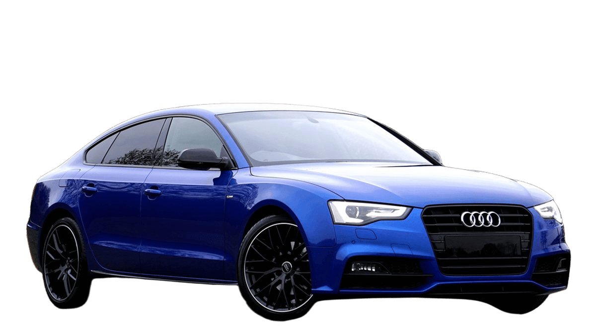 Blue Audi A5 Sportback parked on a country road after background removal
